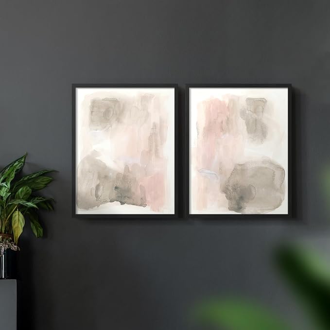 Renditions Gallery Set of 2 Peel & Stick Framed Prints, Watercolor Abstract Wall Art, Nude Color Neutral Aesthetic Wall Decor, Re-Stickable - Ready to Hang - 22"x28" - Black Frame LT588