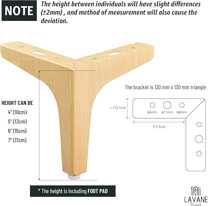 La Vane 6 Inch Metal Furniture Legs, Set of 4 - Modern Diamond Triangle Natural Wood DIY Replacement Feet Corner Legs for Cabinet, Sofa, Sideboard, Couch, Dresser Makeover