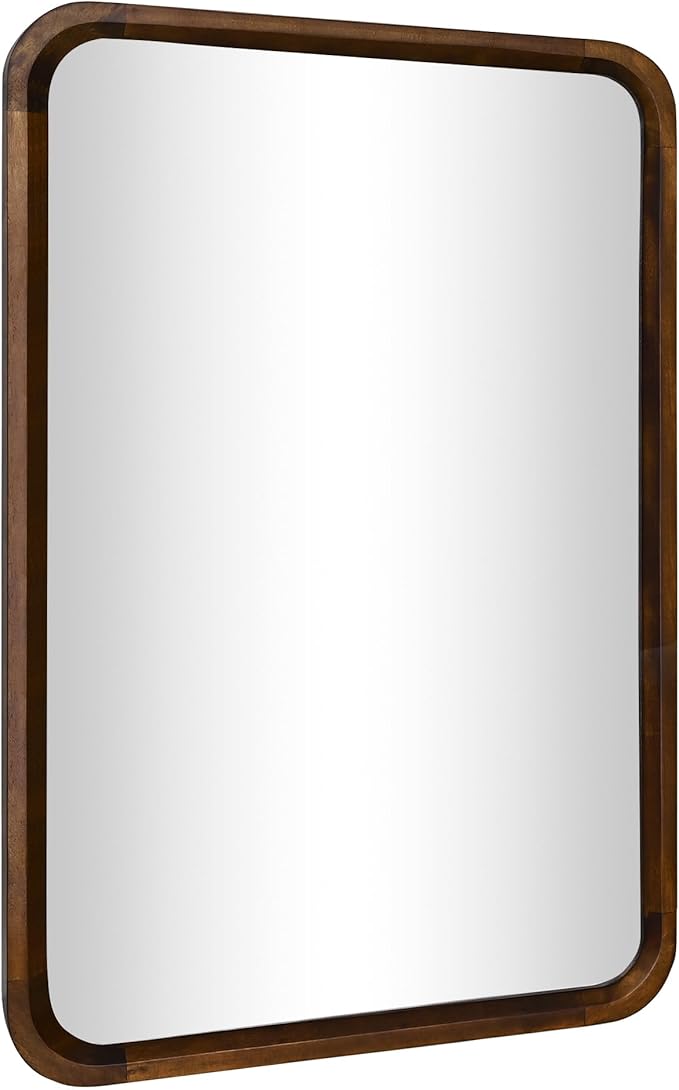 Wood Bathroom Mirror for Wall,Rectangle 24 x 36 inch Hanging Vanity Brown Tempered Mirrors with Rounded Corner for Living Room,Bedroom,Entryway (Walnut, 24x36 Inch)