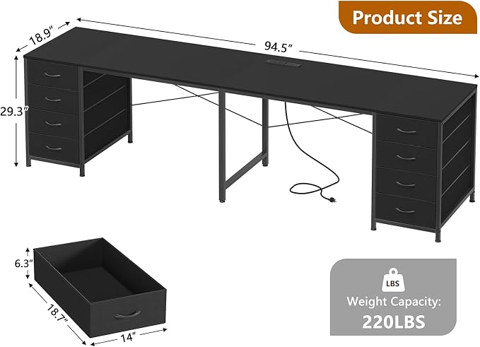 YOMILUVE 95'' Two Person Desk with 8 Drawers, Long Office Desk with Charging Station, 2 Person Desks Double Desk Writing Study Table for Home Office, Black