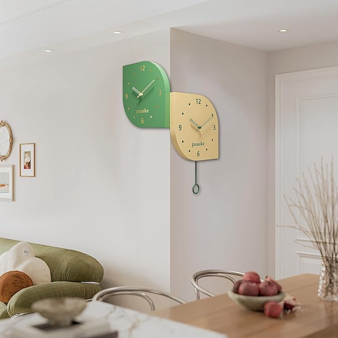 Cute Green Yellow Silent Corner Wall Clock Non Ticking for Living Room, 12 inch Mid Century Modern Decorative Double Sided Clock for Wall Battery Operated, Unique Metal Fancy Clock Wall Decor