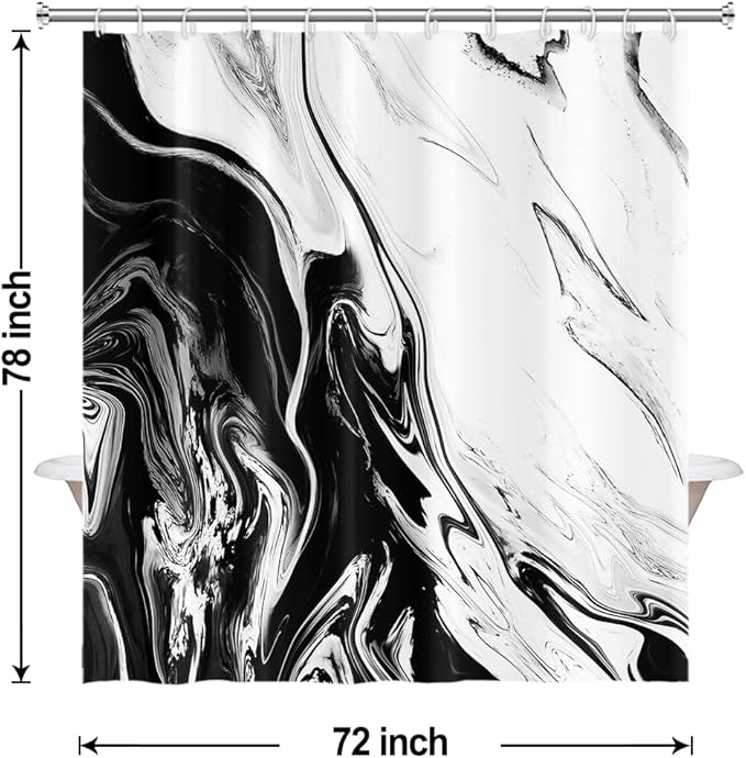 Black and White Shower Curtain, Modern Abstract Black Marble Shower Curtain for Bathroom Aesthetic Ink Texture Waterproof Shower Curtain Set with Hooks, 72x78 Inch