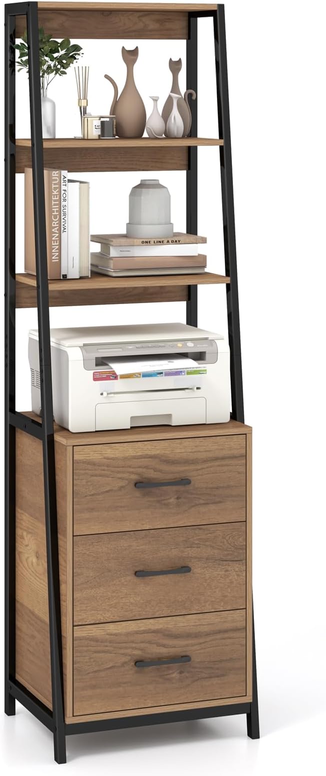 Giantex Ladder Bookshelf with Drawers, 69" Tall Wooden Bookcase with 4 Shelves, Modern Book Shelf Storage Organizer Unit, Freestanding Display Shelving Rack for Living Room, Bedroom (Brown)