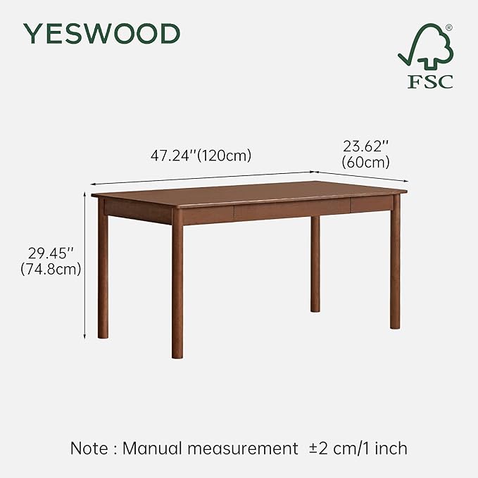 YESWOOD 100% Solid Wood Desk, Mid Century Modern Computer Desk, Home Office Writing Desk with Drawers for Study Living Room 47.24" W