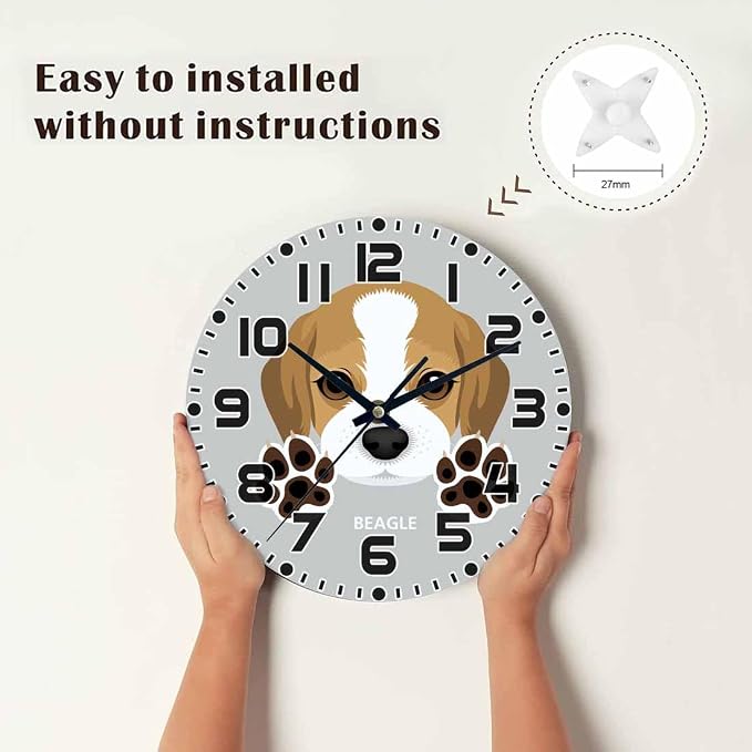 Dog Wall Clock 10 inch Round Dog Paw Silent Non Ticking Wood Wall Clocks Battery Operated Easy to Read Decorative Wall Clock for Bedroom Kitchen Living Room Bathroom