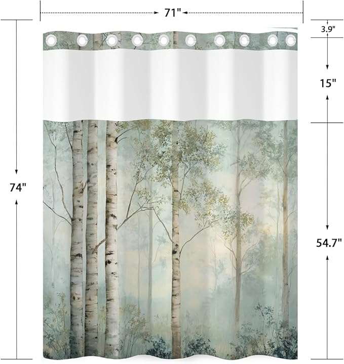 No Hook Shower Curtain and Liner Set, Birch Tree Forest Double Layer Waterproof Fabric Bath Tub Curtain for Rustic Farmhouse & Woodland Bathroom Decor, See Through Top, 71 x 74 Inch