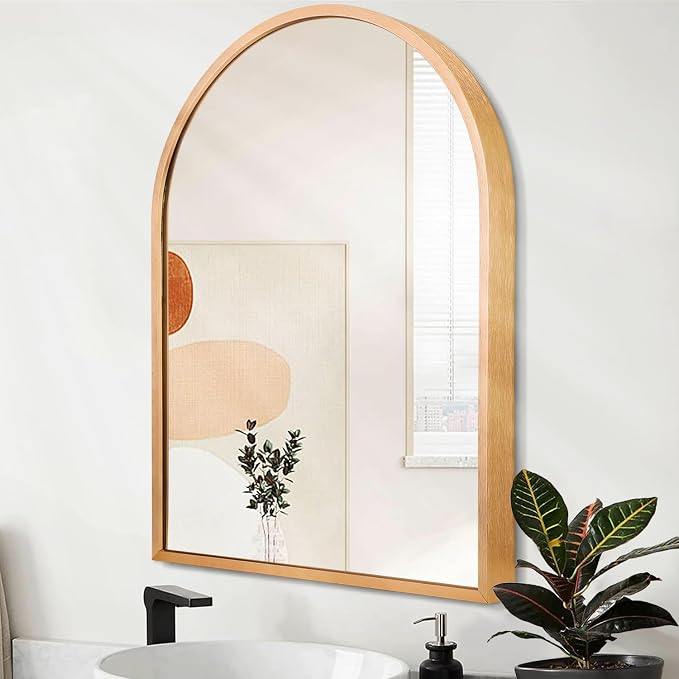 Wall Mirror Arched Bathroom Mirrors, Aluminum Alloy Frame Hanging Vanity Mirror for Living Room Bedroom Entryway Vanity, Brushed Metal Framed Wall Mounted Mirror Gold 16"x12"