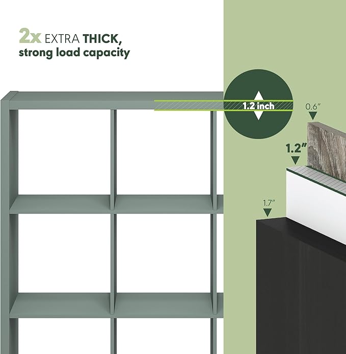 Furinno Cubicle Book Shelf, 9-Cube Bookshelf, Extra Thick Frame Reversible Bookcase with Open Back, 14.6" x 44" x 44", for Living Room, Bedroom, Home Office, Sage Green