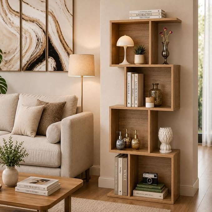 Bookcase, Bookshelf, Freestanding Display Storage Shelves Open Bookcase for Bedroom, Small Bookshelf for Living Room and Office (Natural, S-Shaped)