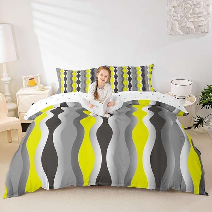 Feelyou Geometric Duvet Cover Yellow Grey Black Comforter Cover Mid Century Retro Bedding Set for Kids Adults Abstract Modern Decor Bedspread Cover Twin Size Bedclothes Zipper (No Comforter)
