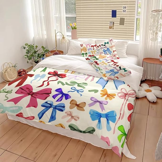 Colorful Bow Duvet Cover Twin Size Watercolor Bows Printed Coquette Bedding Set 3Pcs Kids Girls Cute Comforter Cover with Zipper Closure Soft Breathable Microfiber King Size 104"x88"