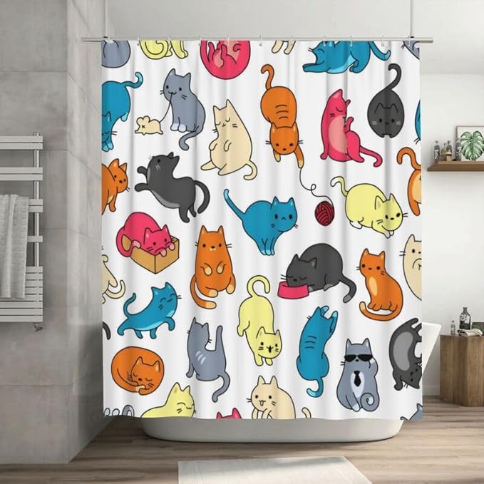 Cartoon Cat Shower Curtain Colorful Watercolor Cats Pattern Duty Fabric Shower Curtains Set Bathroom Polyester Waterproof with 12 Hooks, 66x72Inch（168x183cm）
