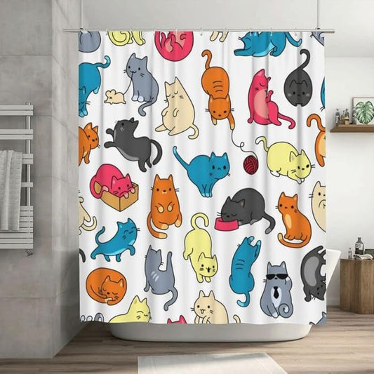 Cartoon Cat Shower Curtain Colorful Watercolor Cats Pattern Duty Fabric Shower Curtains Set Bathroom Polyester Waterproof with 12 Hooks, 66x72Inch（168x183cm）