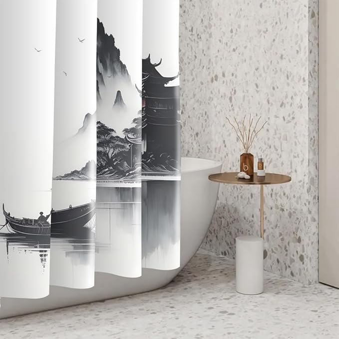 Abstract Ink Painting Shower Curtain Chinese Traditional Nature Landscape Mountains Lake Shower Curtains for Bathroom Accessories Waterproof Polyester Fabric with Hooks, 69 x 70 Inch