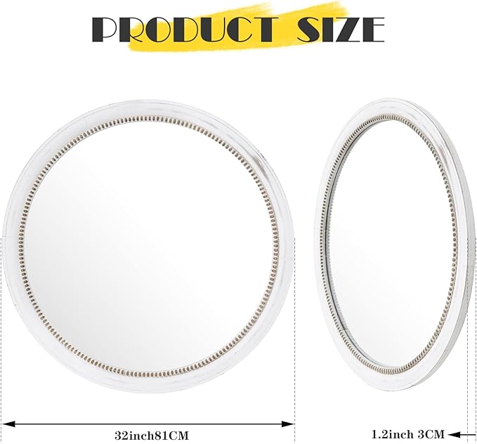Rustic Farmhouse Mirror,32" White Natural Wooden Circle Wall Mirror,Round Decorative Wall Hanging Mirror with Beads for Bedroom, Living Room or Entryway