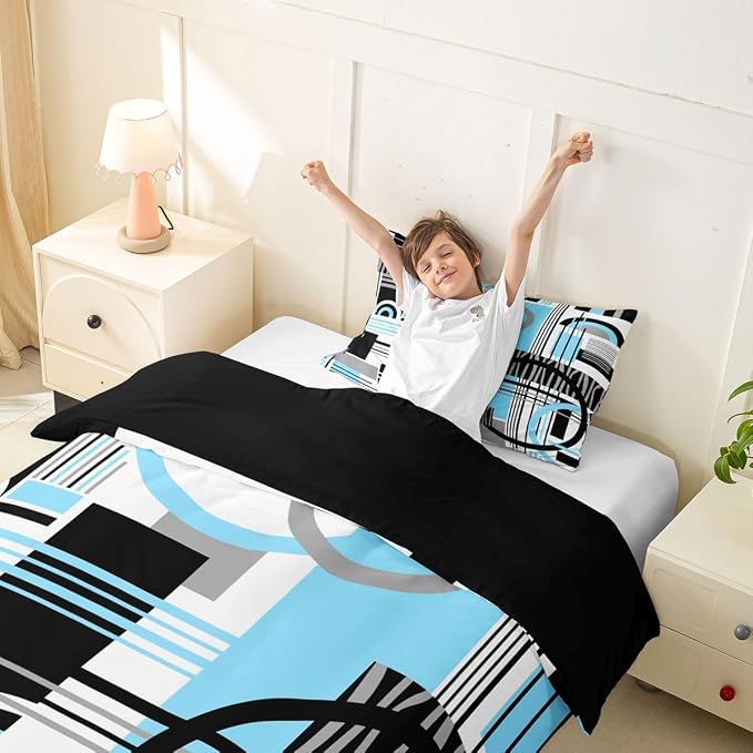 Erosebridal Art Deco Mid Century Duvet Cover Set Retro Modern Abstract Geometric Twin Bedding Sets for Girls Tween Boys Black and White Sky Blue Circles Stripes Comforter Cover Contemporary Bed Set