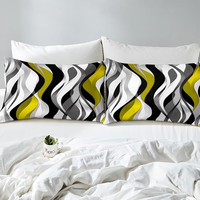 Yellow Black Stripes Duvet Cover Set King Size,Geometric Comfy Striped Waves Bedding Set,Boys Girls Room Decor,Modern Abstract Simple Art Comforter Cover,Chic Quilt Cover,2 Pillowcases(No Filler)