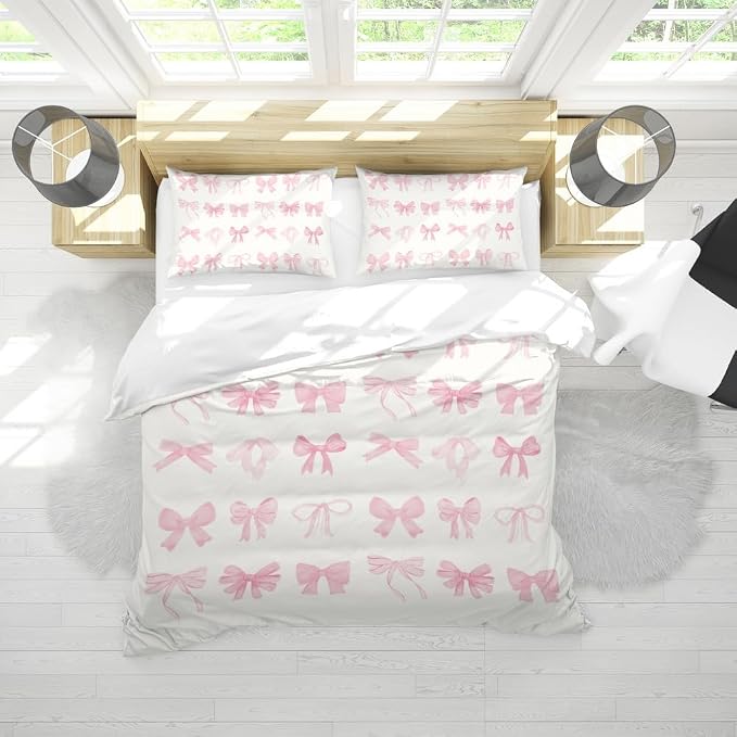Trendy Pink Bows Duvet Cover Twin Size Pink Bowknot Bedding Set,Dreamy Princess Style Kids Girls Super Soft Bedding Set for Adults Teens Funky Preppy Girly Room Decor Coquette Decor 68"x88"