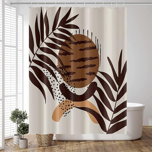 Mid Century Boho Shower Curtain 48x72 Inch Abstract Geometric Brown Plant Leaves Sun Modern Minimalist for Bathroom Decoration with Hooks Waterproof Polyester Fabric