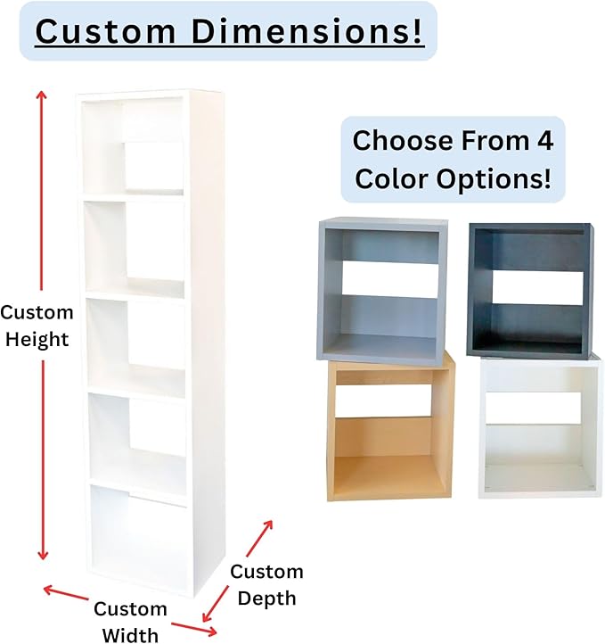 Custom Sized 5-Cube Cubby; Choose color, width, depth, and height. Units are 3/4 inch thick premium grade melamine for strong, solid unit. Easy assembly. Place on the floor or mount on a wall.