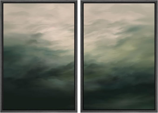 MUDECOR Framed Canvas Print Wall Art Dark Green Abstract Misty Landscape Moody Illustrations Modern Art Decorative Chic for Living Room, Bedroom, Office - 24"x36"x2 Black