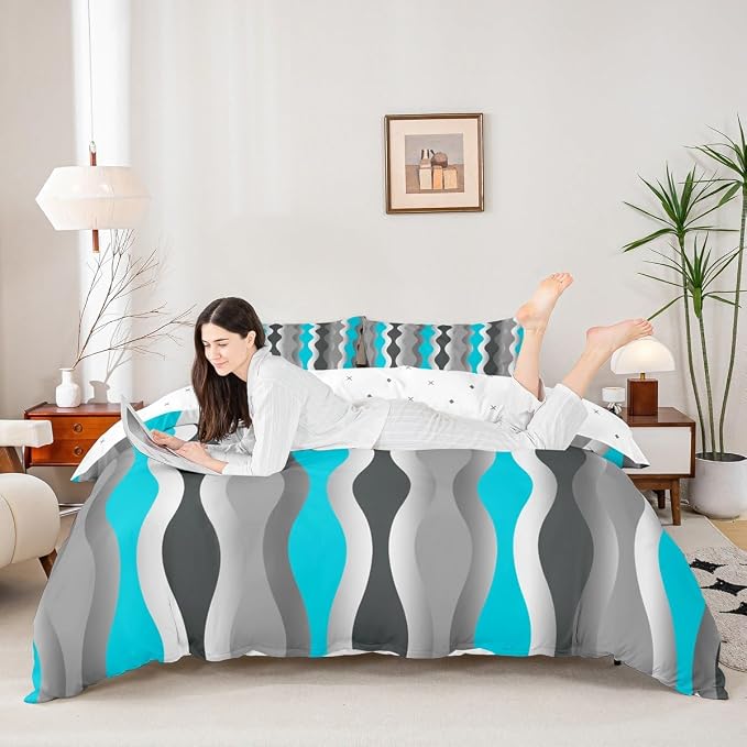 Turquoise Duvet Cover Geometric Retro Bedding Set Teal Blue Grey Black Stripe Comforter Cover for Boys Girls Kids Teens Bedroom Decor Mid Century Modern Decor Bed Set Queen Size 3Pcs (No Comforter)