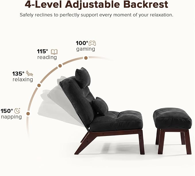 GEMBED Accent Chair with Ottoman Adjustable Backrest, Comfy Lounge Chair Single Sofa with Headrest Lumbar Pillow, Reading Chair with Footrest for Bedroom, Living Room, Dark Grey