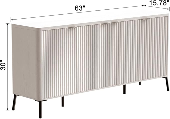 Buffet Cabinet, 63" Large Sideboard Buffet Cabinet with Storage, Modern Fluted Sideboard with 4 Doors, Wood Credenza Coffee Bar Storage Cabinet, for Living Room, Kitchen, Hallway, White