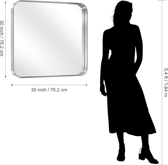 CIRCUMI Silver Bathroom Mirror, 30"x30" Rectangular Mirror with Deep Metal Frame, Rounded Corner, Tempered Glass, Square Mirror for Wall, Oversink, Bedroom, Living Room, Vanity, Entryway,Crystal-Clear