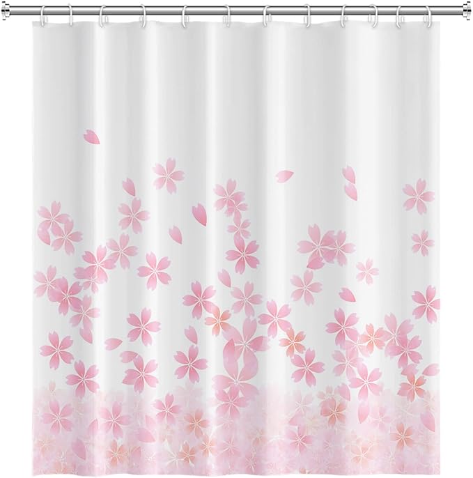 Pink Floral Bathroom Shower Curtain Cherry Blossom Dreamy Flowers Petal Shower Curtain with Hooks Polyester Waterproof Fabric Girly Home Decorative Bathtub, 72x72 Inch