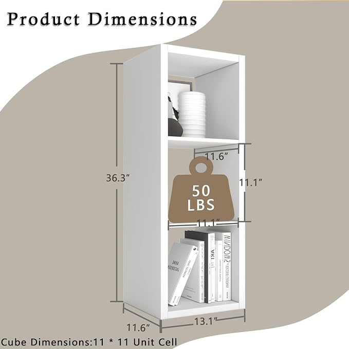 Endearing Limons【2026 Wooden Thick Border 3 Cube Shelf Storage Organizer with Anti-Tipping Kits + Reversible Open Back Bookcase (11 x 11 Unit Cell White)