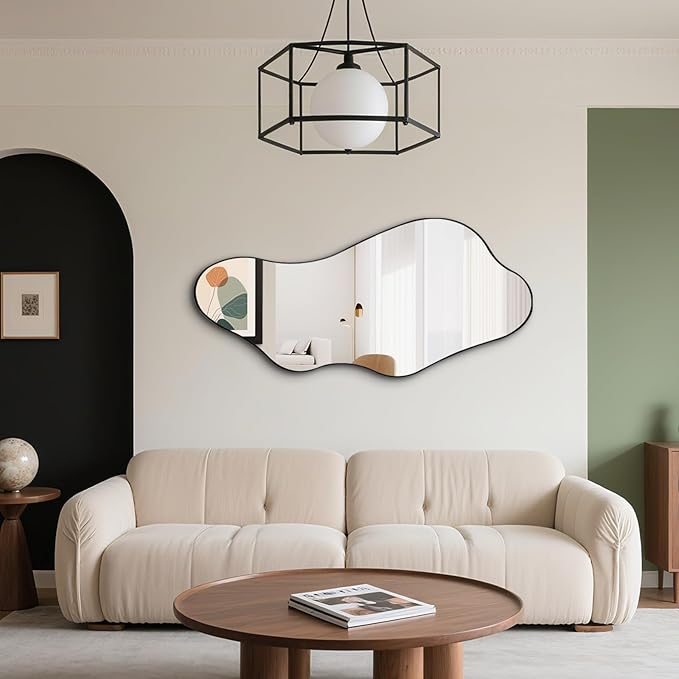 Large Irregular Mirror, 55"x25.6" Asymmetrical Wall Mirrors with Metal Frame, Odd Shaped Mirror Decorative, Modern Abstract Mirrors for Living Room Bathroom Bedroom Hallway Entryway