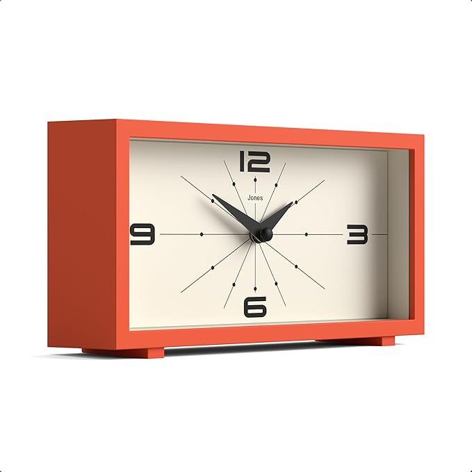 JONES CLOCKS® Odeon Desk Clock | Modern Rectangular Design | Orange | Stylish Retro Look for Shelf, Table, Mantel or Bedside