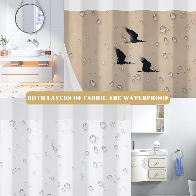 No Hook Shower Curtain with Snap in Liner - Ink Wash Art Flying Bird Crane Print, Waterproof Fabric Bath Curtain with See Through Top for Modern Zen Japanese Bathroom Decor, 71x74 Inch