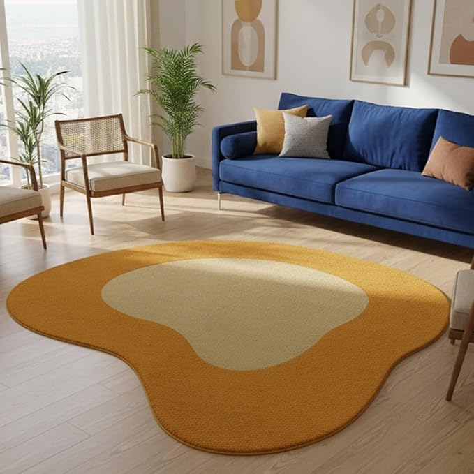 Mustard Yellow Beige Modern Abstract Irregular Area Rug 2ft Unique Design Irregular Shaped Rugs for Living Room Bedroom Playroom Pet Friendly Carpet Boho Under Dining Table Non Slip Easy Clean Mats
