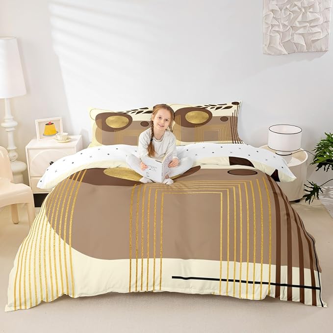 Erosebridal Mid Century Modern Duvet Cover King Size Brown Abstract Boho Comforter Cover Minimalist Aesthetic Neutral Bedding Set Botanical Leaves Simple Bed Set