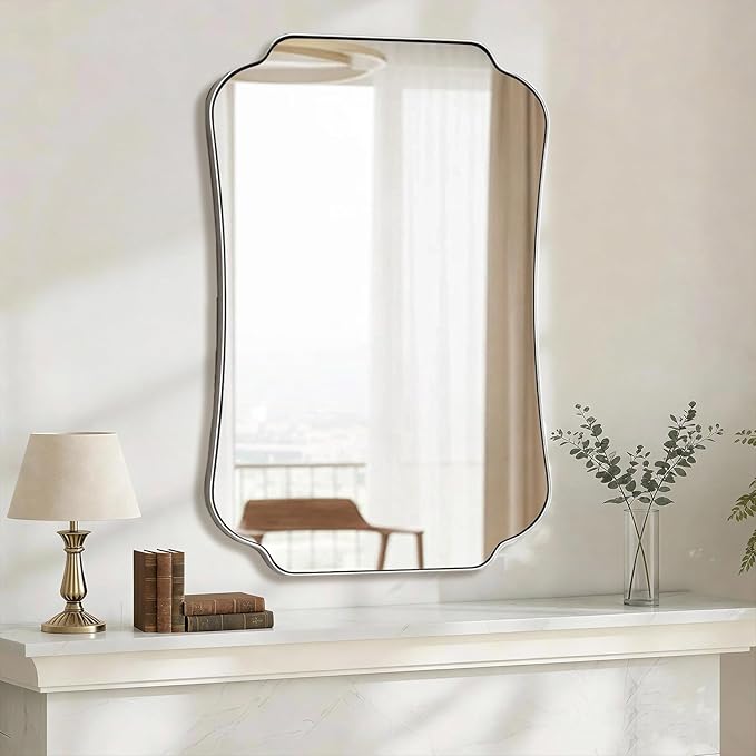 ANDY STAR 26"x38" Brushed Nickel Mirror, Scalloped Bathroom Wall Mirror with Metal Frame for Vanity, Scalloped Edge Design for Entryway, Living Room & Bedroom