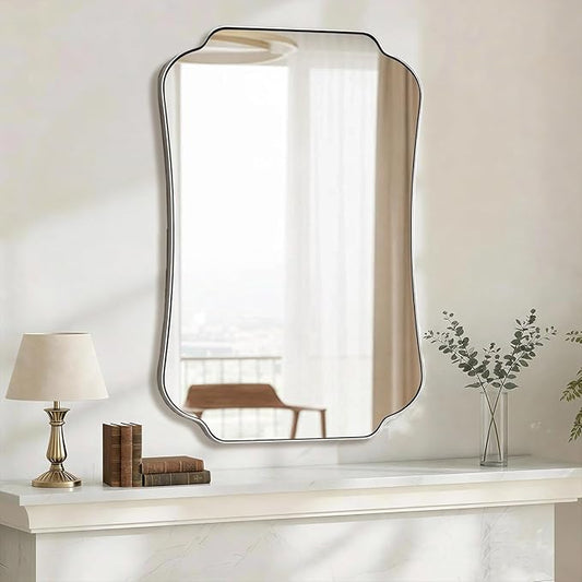 ANDY STAR 26"x38" Brushed Nickel Mirror, Scalloped Bathroom Wall Mirror with Metal Frame for Vanity, Scalloped Edge Design for Entryway, Living Room & Bedroom