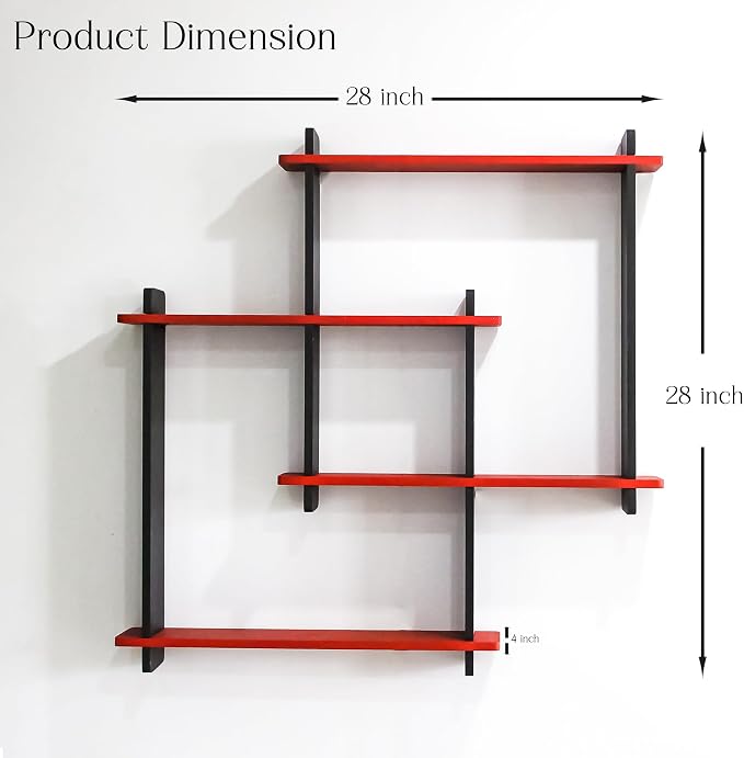 Modern Wall Mounted Zigzag Shelf Rack – Decorative Wooden Floating Display Unit for Living Room, Bedroom & Office Decor (RED)