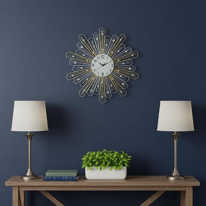HomeRoots 27" Gold Silver and Metal and Faux Crystals Silent Analog Sunburst Wall Clock