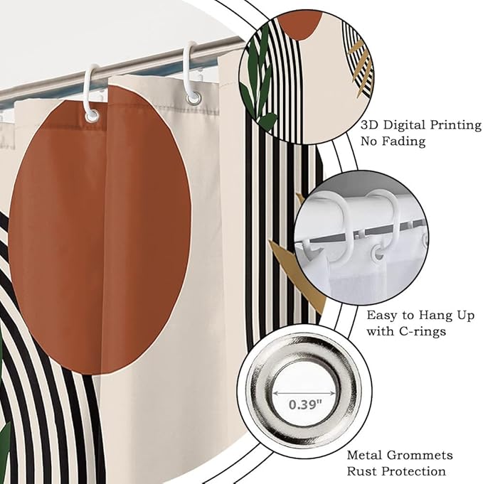 Mid Century Boho Shower Curtain for Bathroom Brown Green Leaves Red Sun Arch Stripes Shower Curtains Vintage Abstract Bathroom Set Decor Washable Waterproof Polyester Fabric with Hooks 65x72 Inch