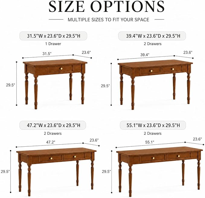 Walnut Writing Desks with Drawers, 47" Solid Wood French Country Style Computer Desk for Home Office, Living Room Study Workspace or Bedroom, Traditional Vanity Dressing Table