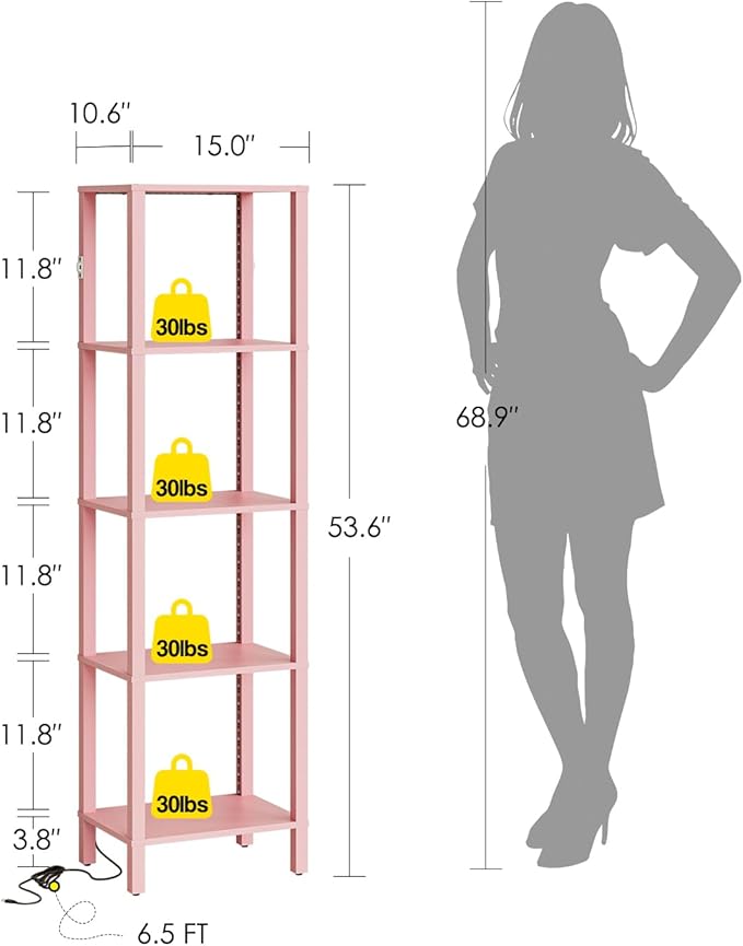 Open Book Shelf with LED Lights, 5 Tier Tall Bookshelf, Freestanding Shelf Narrow Bookcase with Open Shelves, 14.96" x 10.63" x 53.54", Book Shelves for Living Room, Office, Study, Pink