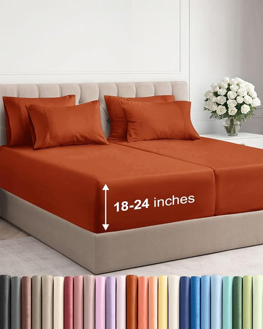 Extra Deep Split King Sheet Set - 7 Piece Breathable and Cooling Sheets - Hotel Luxury Bedding for Women, Men, Kids & Teens - Easy Secure Fit - Soft & Wrinkle Free - Extra Deep Pockets - Terracotta