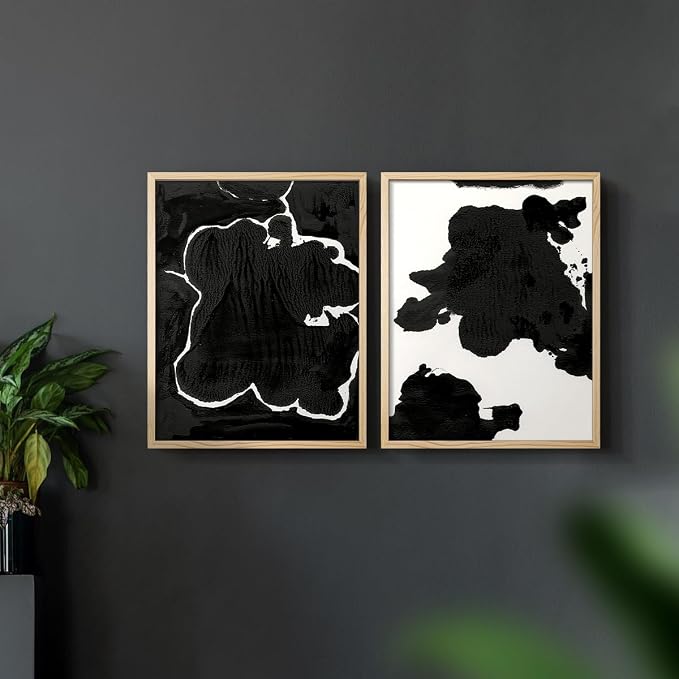 Renditions Gallery Set of 2 Peel & Stick Framed Prints, Fluid Abstract Wall Art, Black and White Inkblot Wall Decor, Re-Stickable - Ready to Hang - 8"x10" - NATURAL WOOD Frame LT588