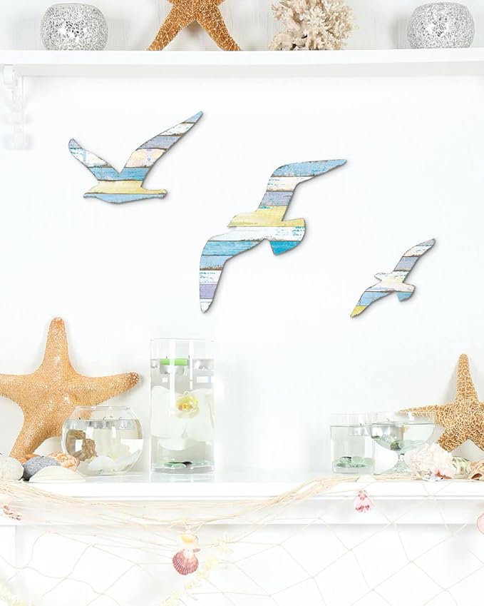 Putuo Decor 3Pcs Seagull Wall Decor, Wooden Beach Nautical Coastal Theme Wall Art Self-Adhesive Seagull Wall Sculpture, Sea Birds Lake House Ocean Decor Vintage Ornaments for Home Bathroom