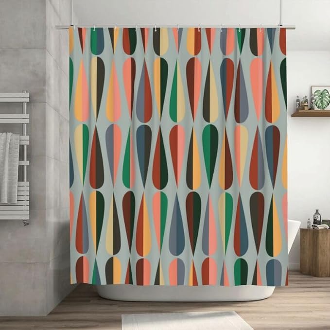 Retro 50s Shower Curtains Simple Drop Shapes Abstract Grid Gray Geometric Pattern Duty Fabric Shower Curtain Set Bathroom Polyester Waterproof with 12 Hooks, 55x72Inch（140x183cm）
