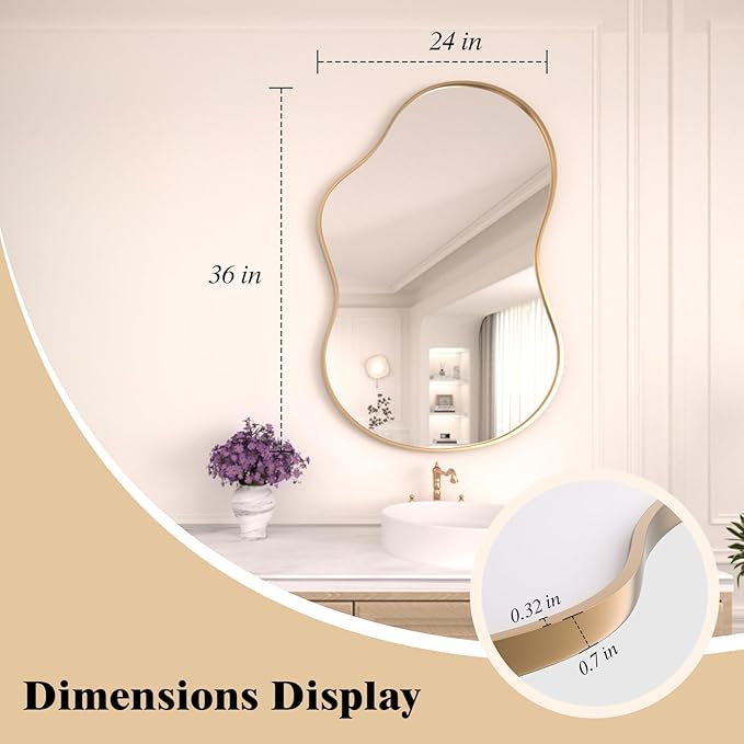 WEER Irregular Wall Mirror, 24x36 inch Gold Asymmetrical Wall Mounted Mirrors Decorative, Abstract Wavy Aluminum Alloy Frame for Bathroom, Bedroom, Living Room, Entryway