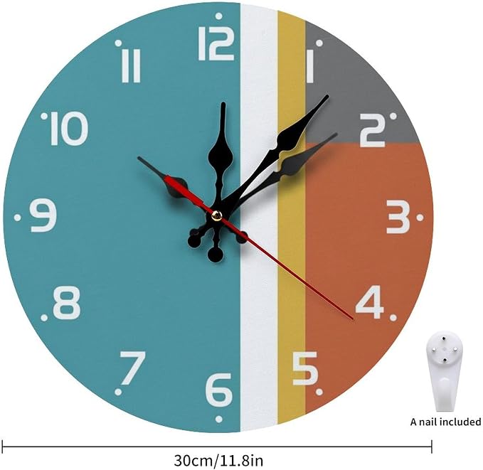 Abstract Color Block Wooden Wall Clock Silent Non Ticking Quartz Movement | 10" 12" Frameless Battery Powered Home Office Kitchen Decor Gift