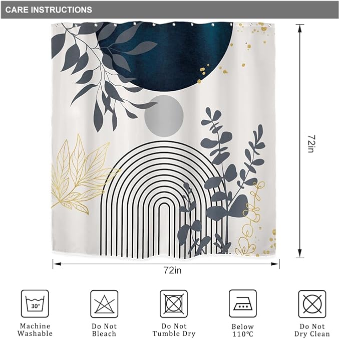 Riyidecor Boho Navy Blue Mid Century Shower Curtain,Modern Abstract Gold Leaves Fabric Cloth Bathroom Curtains,Minimalist Geometric Tropical Neutral Arch Sun Bathroom Decor Set with Hooks 72x72 Inch